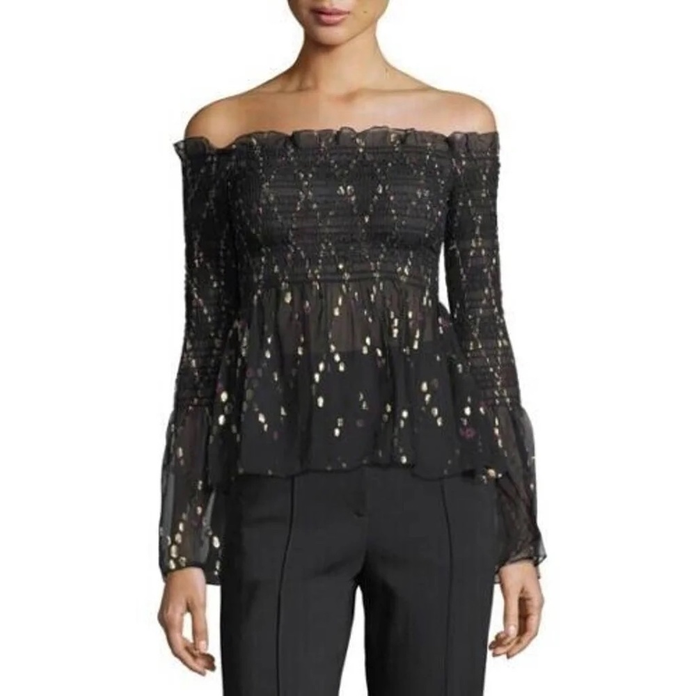 A.L.C. Agra Black Gold Metallic off Shoulder Blouse Size 8